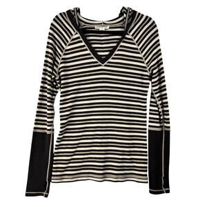 Akini Women's 100% Merino Wool Striped V-Neck Hoodie Thumbholes Brown/Cream SZ L